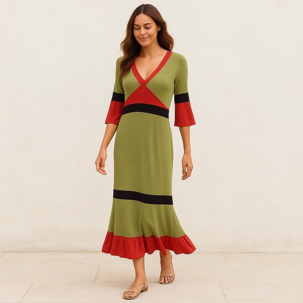 White Rice Womens Maxi Dress S Olive Green Red Black‎ Boho Colorblock Ruffle Hem